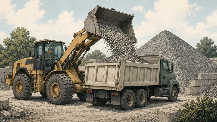 A loader tips loose gravel into a truck at an aggregate yard
