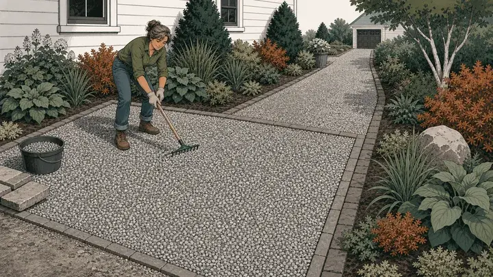 A gravel extension beside a driveway with space for material delivery