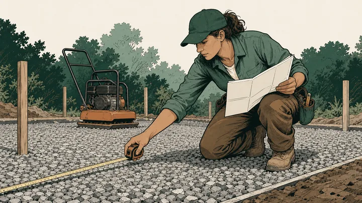 Contractor measuring a prepared aggregate pad for a paving project
