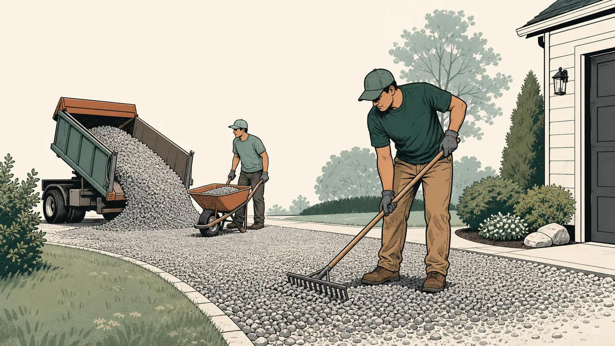 Workers spreading and raking a fresh gravel driveway beside a delivery pile