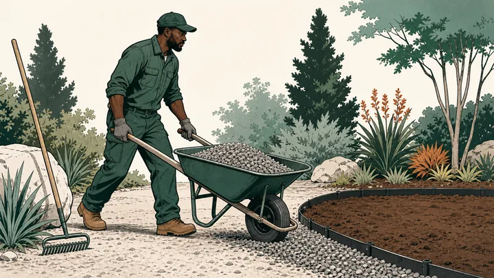 Landscaper moving rounded gravel to a landscape bed