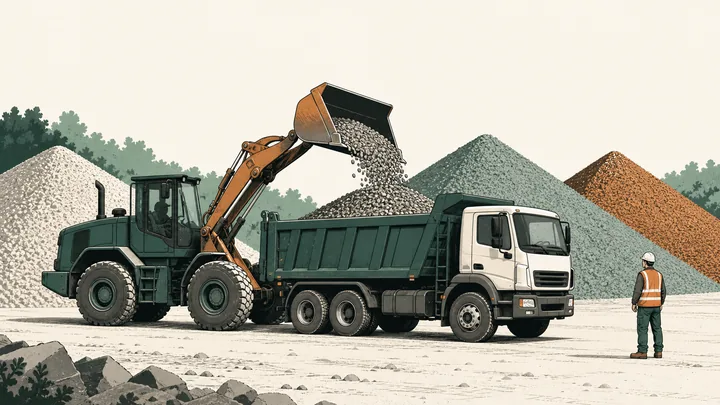 Aggregate loader filling a truck with crushed limestone at a materials yard
