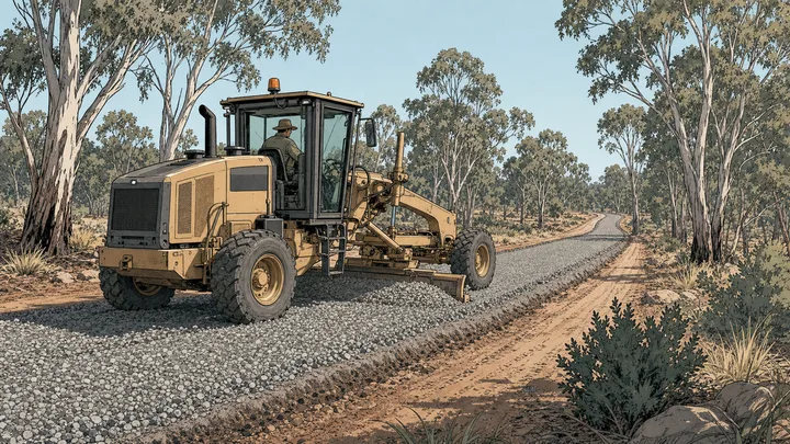 Grader spreading crushed roadbase along a rural eucalyptus-lined access road