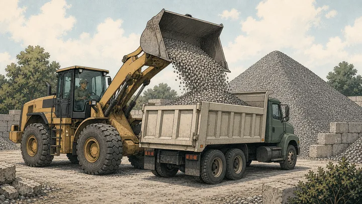 Loader tipping a measured bucket of aggregate into a dump truck at a supply yard