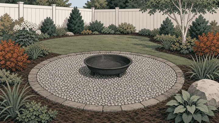 Circular decorative-rock surround around an unlit backyard fire bowl