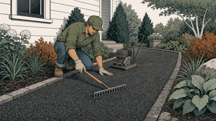 Contractor spreading and leveling a dense crusher-run driveway base