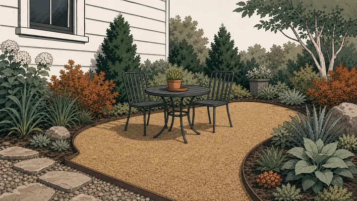 Informal patio surfaced with compacted tan decomposed granite and metal edging