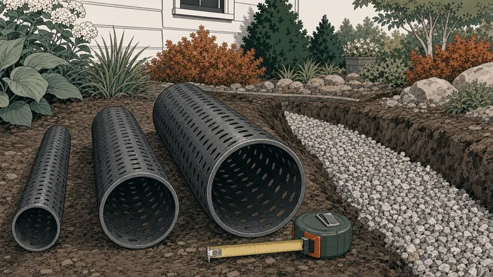 Three different diameters of perforated drainage pipe beside an aggregate trench