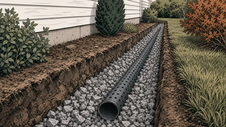 Open-graded drainage aggregate surrounding a perforated pipe in a residential trench