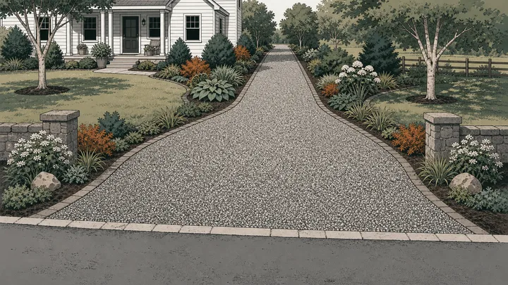 Wide flared gravel entrance apron meeting a narrower straight driveway