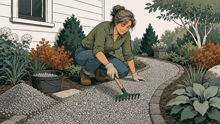 Homeowner raking a thin fresh surface-stone layer over an existing gravel driveway