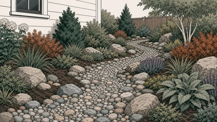 Winding dry-creek landscape accent built from rounded river rock at changing widths