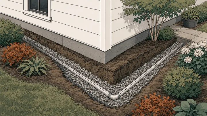French drain trench following two sides and a corner of a house foundation