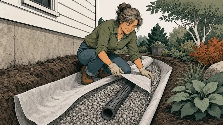 Geotextile fabric folding over a washed-stone French drain envelope