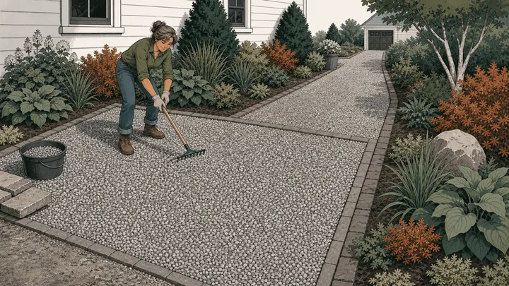 Separate rectangular gravel parking extension beside an existing driveway
