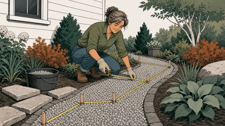 Homeowner measuring an irregular landscape-rock bed as several simple sections