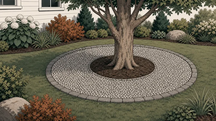 Circular decorative-rock ring with an open center around a mature tree
