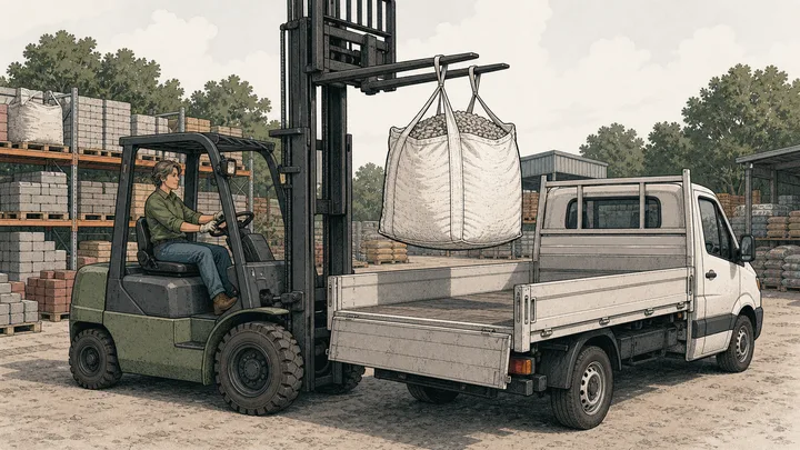 Forklift loading a plain bulk bag of Type 1 aggregate onto a small flatbed truck
