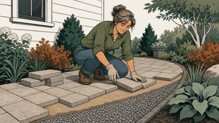 Concrete pavers being installed over visible aggregate base and bedding layers