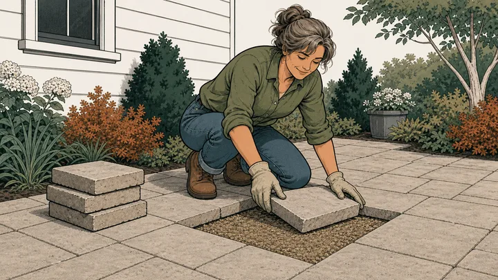 Homeowner replacing pavers within a small square patio repair area
