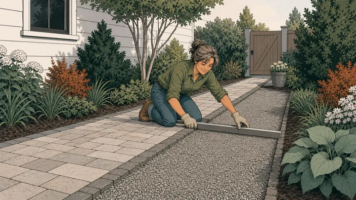 Long narrow paver walkway with its measured aggregate base exposed ahead of the pavers