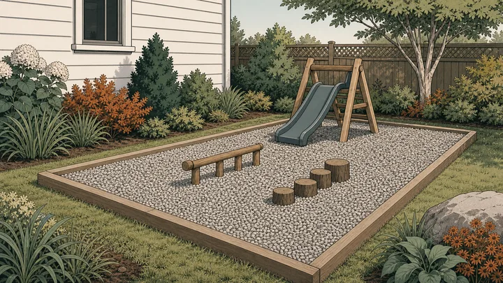 Contained outdoor play area surfaced with an even layer of rounded pea gravel