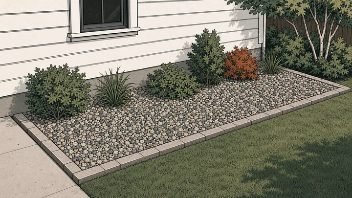 Straight-edged rectangular decorative-rock bed along a house foundation