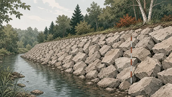 Large angular riprap protecting a measured stream bank face from toe to crest