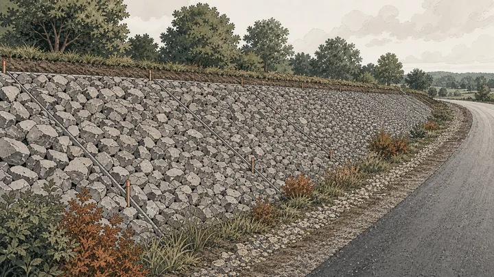 Riprap layer divided into measured panels along a broad roadside embankment