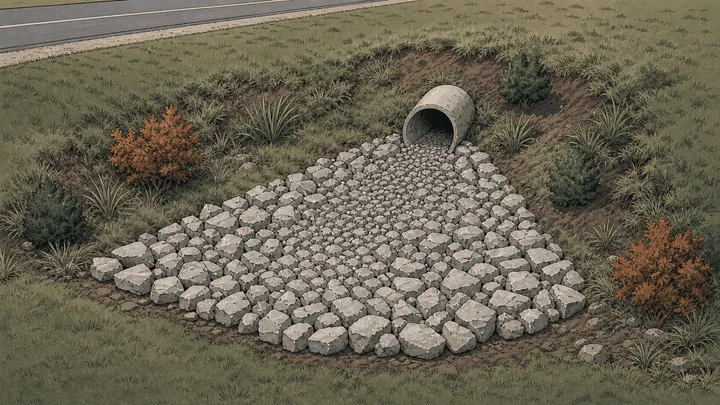 Fan-shaped apron of large riprap below a roadside culvert outlet