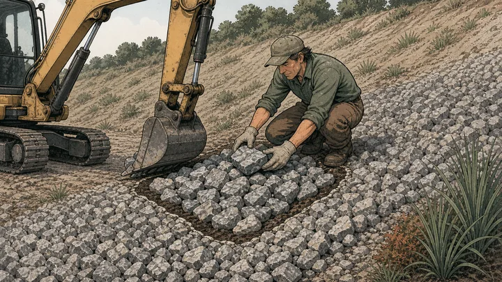 Contractor replacing a bounded patch within an existing riprap slope