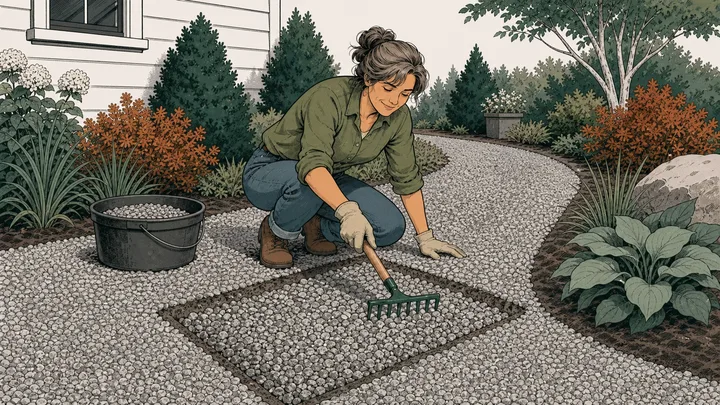 Worker refilling a clearly bounded repair section in an existing road-base surface