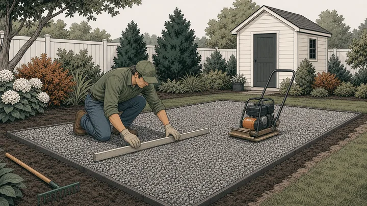 Contractor leveling a rectangular compacted aggregate pad in front of a garden shed