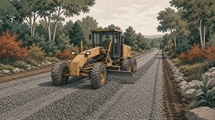 Motor grader spreading a consistent aggregate base along an unsealed rural road