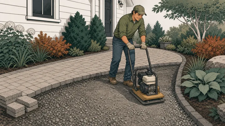 Worker compacting the deep aggregate base ahead of a vehicular paver driveway